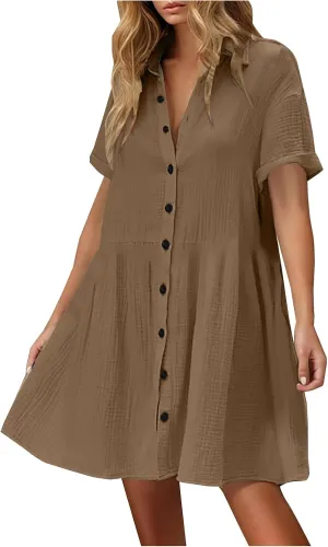 Xiaojmake Womens Cotton Linen Summer Midi Dress Plus Size Casual Collared V Neck Solid Short Sleeve Button Down T-Shirt Dress
