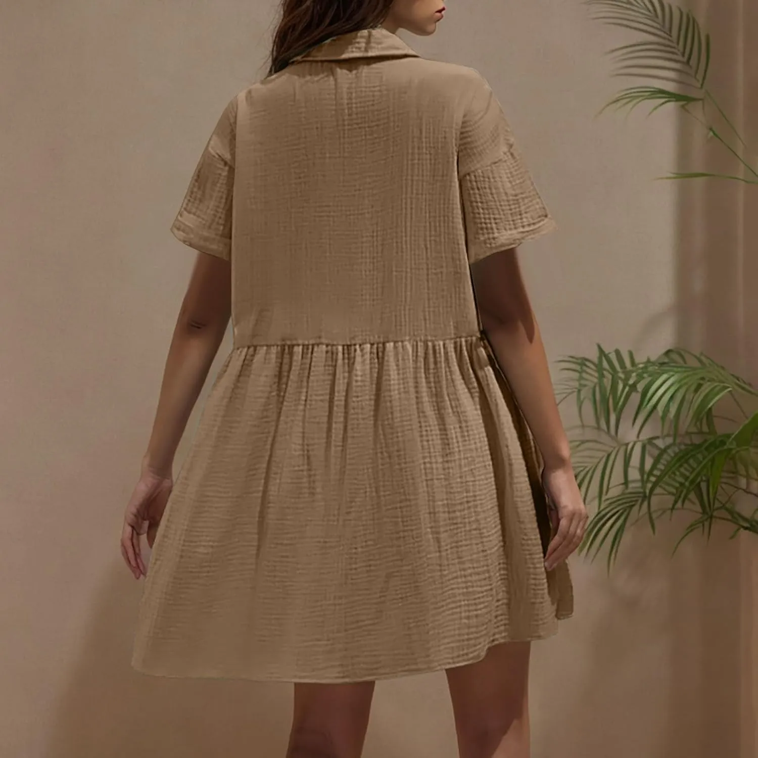 Xiaojmake Womens Cotton Linen Summer Midi Dress Plus Size Casual Collared V Neck Solid Short Sleeve Button Down T-Shirt Dress