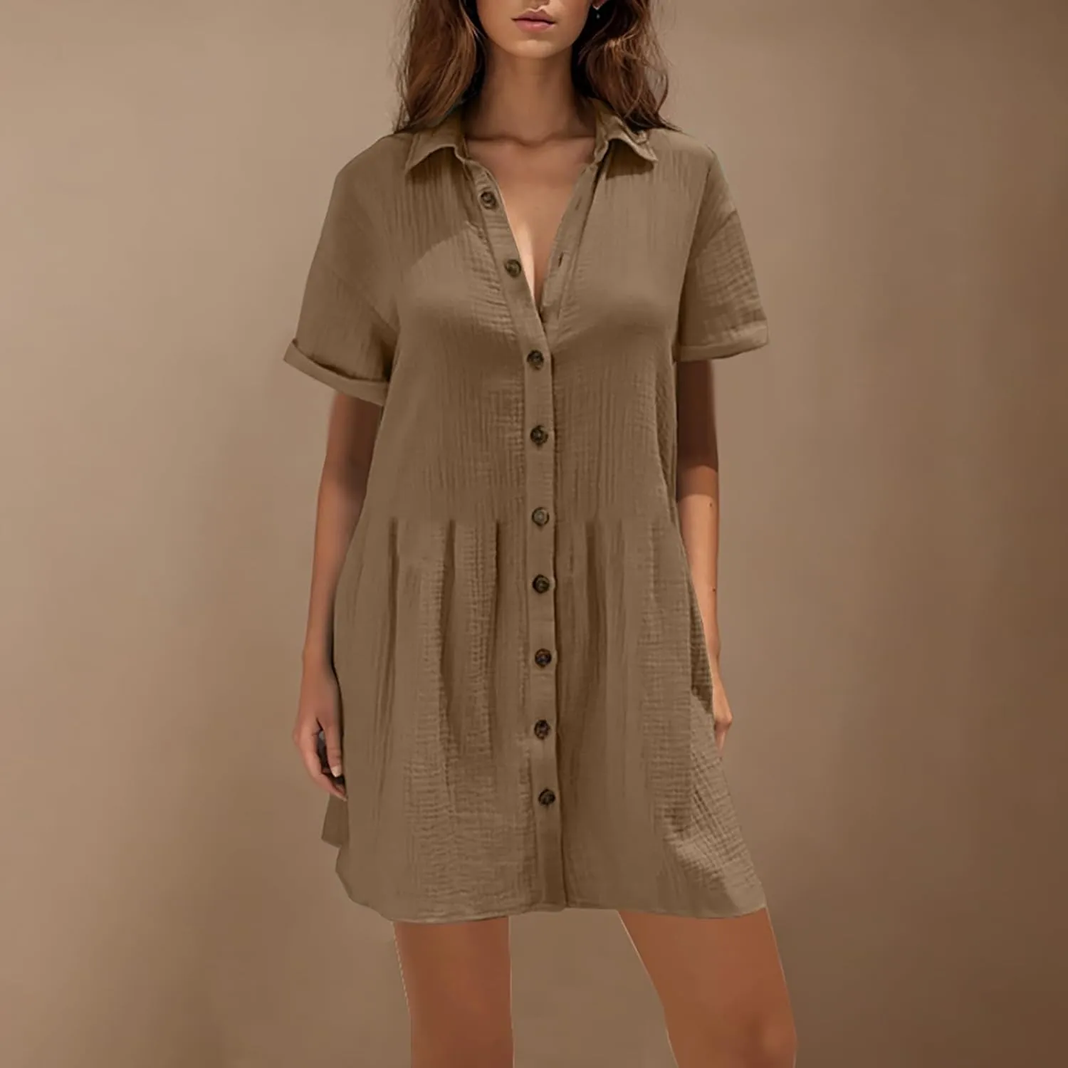 Xiaojmake Womens Cotton Linen Summer Midi Dress Plus Size Casual Collared V Neck Solid Short Sleeve Button Down T-Shirt Dress