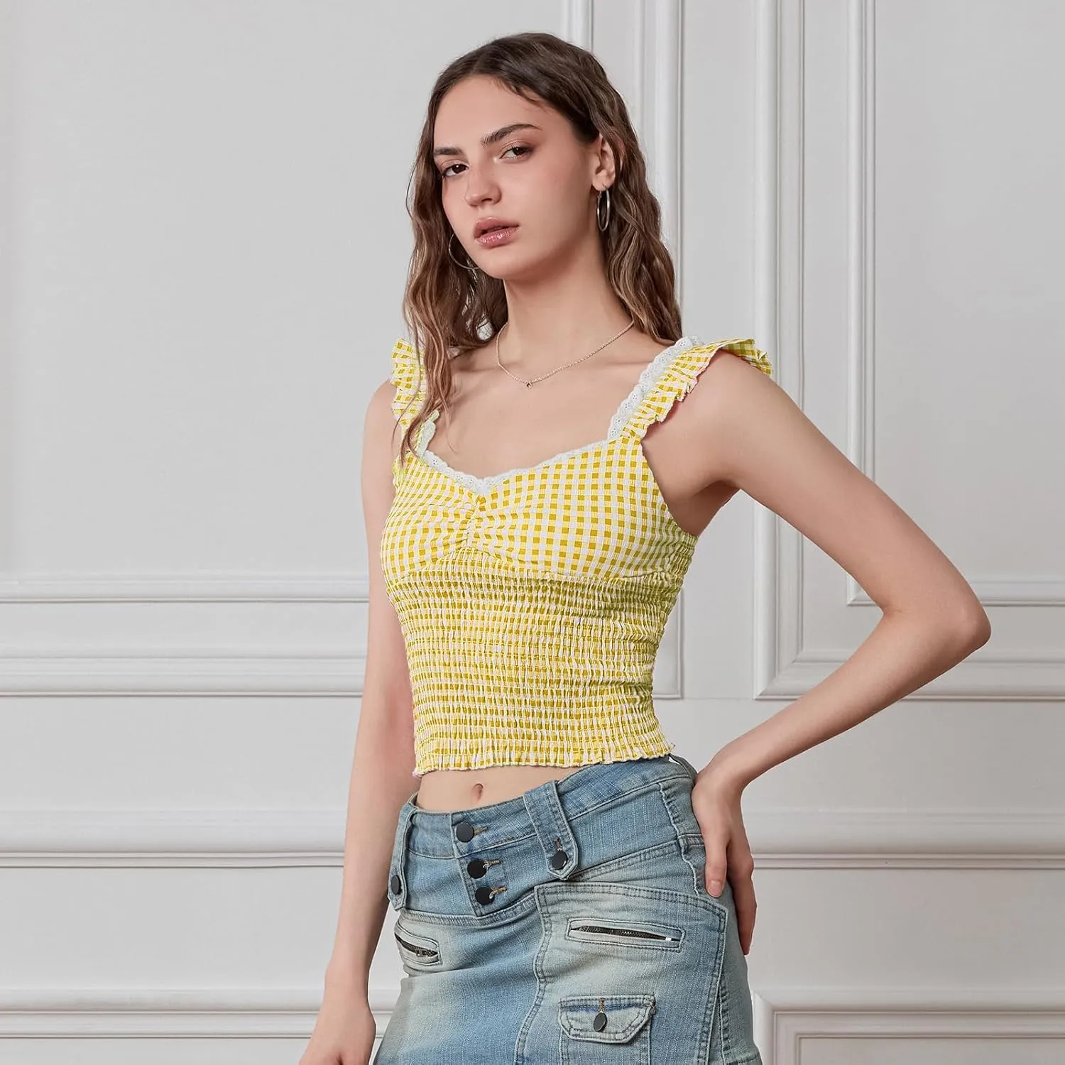 Y2k Plaid Cami Tank Tops for Women Spaghetti Strap Lace Trim Cami Crop Top Cute Gingham Going Out Camisoles