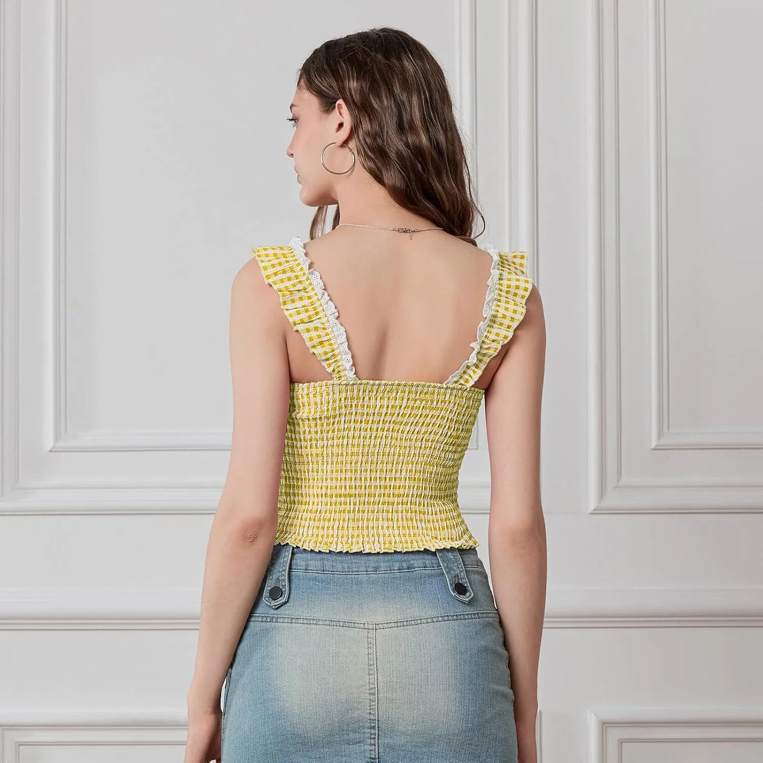Y2k Plaid Cami Tank Tops for Women Spaghetti Strap Lace Trim Cami Crop Top Cute Gingham Going Out Camisoles