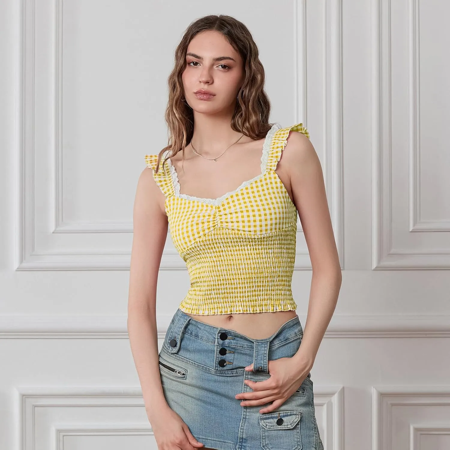 Y2k Plaid Cami Tank Tops for Women Spaghetti Strap Lace Trim Cami Crop Top Cute Gingham Going Out Camisoles