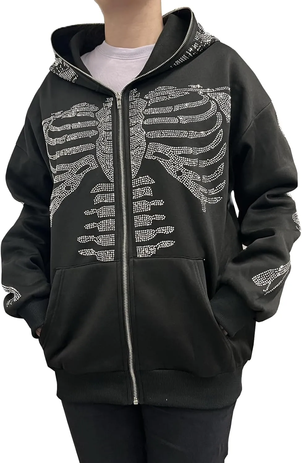 Y2k Women Men Rhinestone Skeleton Hoodies Zip Up Spider Punk Jacket Oversized Sweatshirt Gothic Streetwear