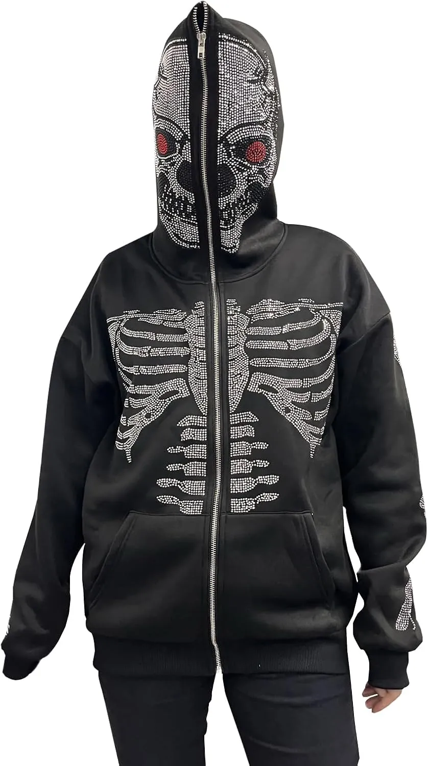 Y2k Women Men Rhinestone Skeleton Hoodies Zip Up Spider Punk Jacket Oversized Sweatshirt Gothic Streetwear