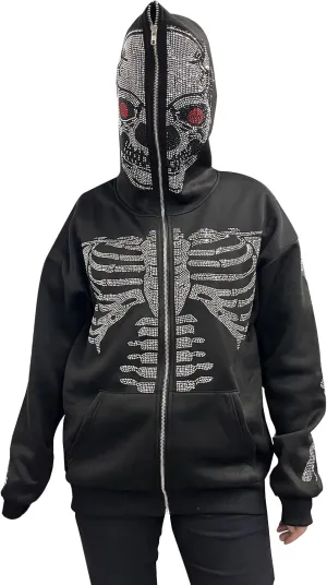 Y2k Women Men Rhinestone Skeleton Hoodies Zip Up Spider Punk Jacket Oversized Sweatshirt Gothic Streetwear