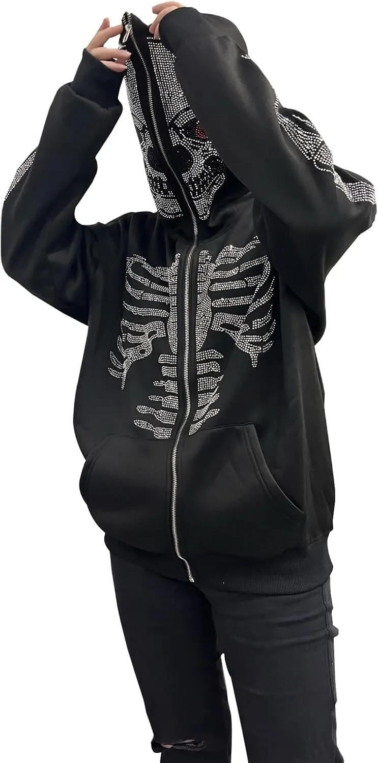 Y2k Women Men Rhinestone Skeleton Hoodies Zip Up Spider Punk Jacket Oversized Sweatshirt Gothic Streetwear