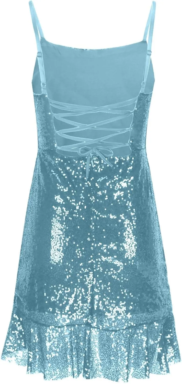 yardsong Party Dresses for Women 2025 Sexy Glitter Sequin Spaghetti Strap Dress Sparkle Ruffle Hem Party Club Mini Dresses