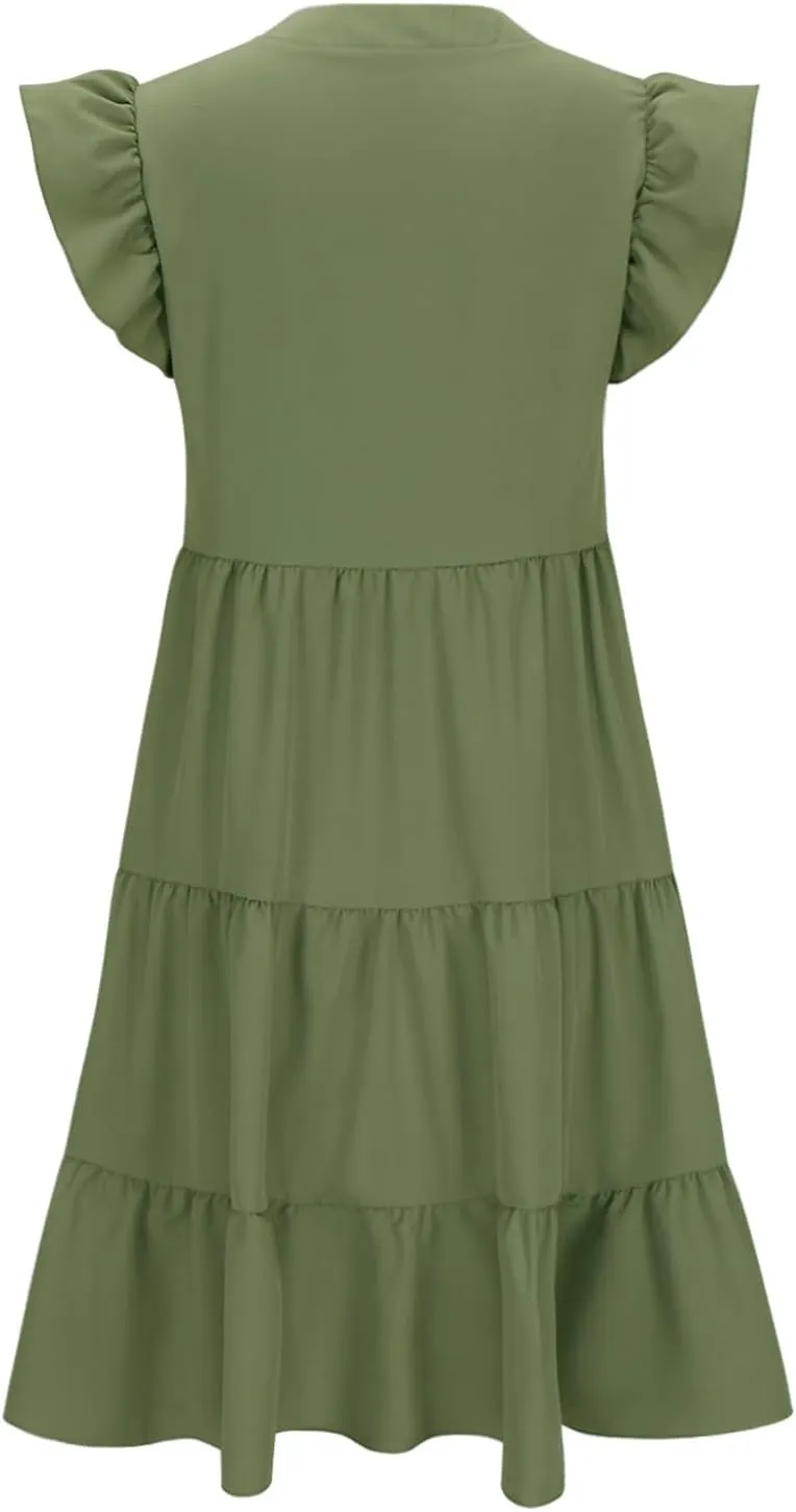 yardsong Summer Dresses for Women 2025 Trendy Ruffle Sleeve V Neck Midi Dress Casual Flowy Tiered Boho Vacation Sundresses