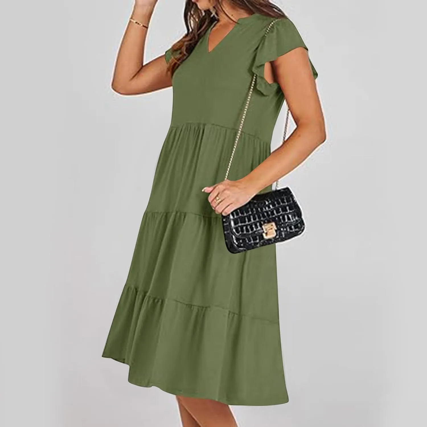 yardsong Summer Dresses for Women 2025 Trendy Ruffle Sleeve V Neck Midi Dress Casual Flowy Tiered Boho Vacation Sundresses