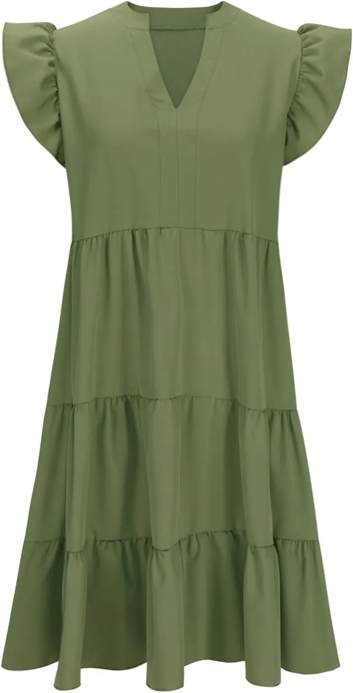 yardsong Summer Dresses for Women 2025 Trendy Ruffle Sleeve V Neck Midi Dress Casual Flowy Tiered Boho Vacation Sundresses