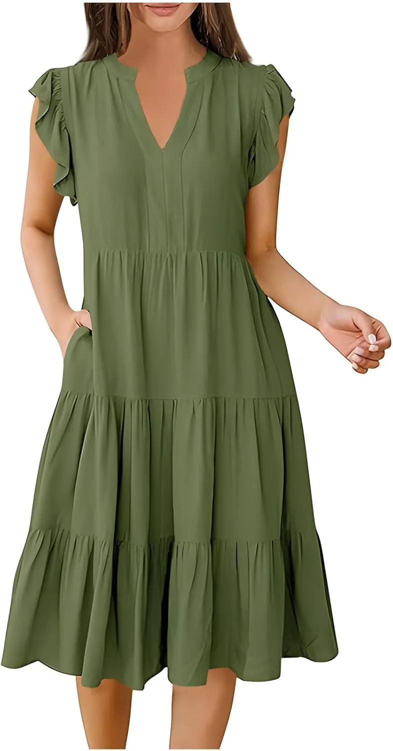 yardsong Summer Dresses for Women 2025 Trendy Ruffle Sleeve V Neck Midi Dress Casual Flowy Tiered Boho Vacation Sundresses