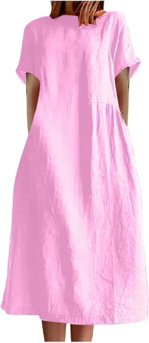 yardsong Women's Casual Dresses Summer Cotton Linen Midi Dress Short Sleeve Round Neck Loose Fit Vacation Beach Dresses