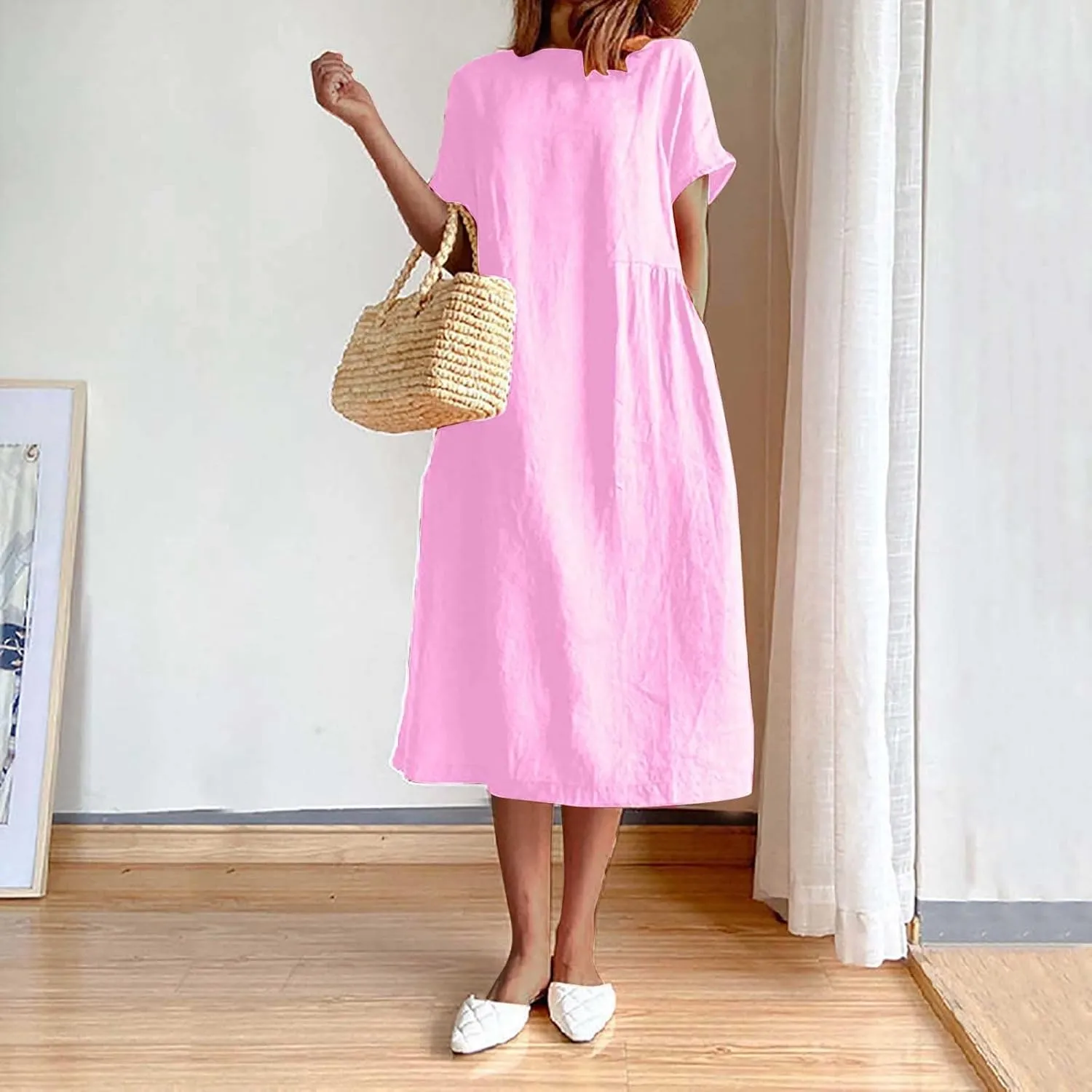 yardsong Women's Casual Dresses Summer Cotton Linen Midi Dress Short Sleeve Round Neck Loose Fit Vacation Beach Dresses