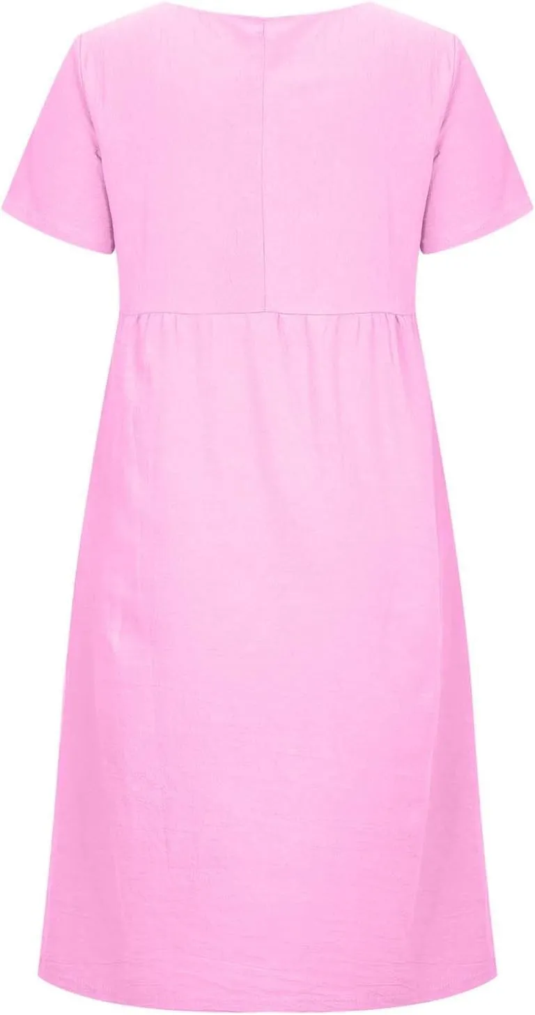 yardsong Women's Casual Dresses Summer Cotton Linen Midi Dress Short Sleeve Round Neck Loose Fit Vacation Beach Dresses