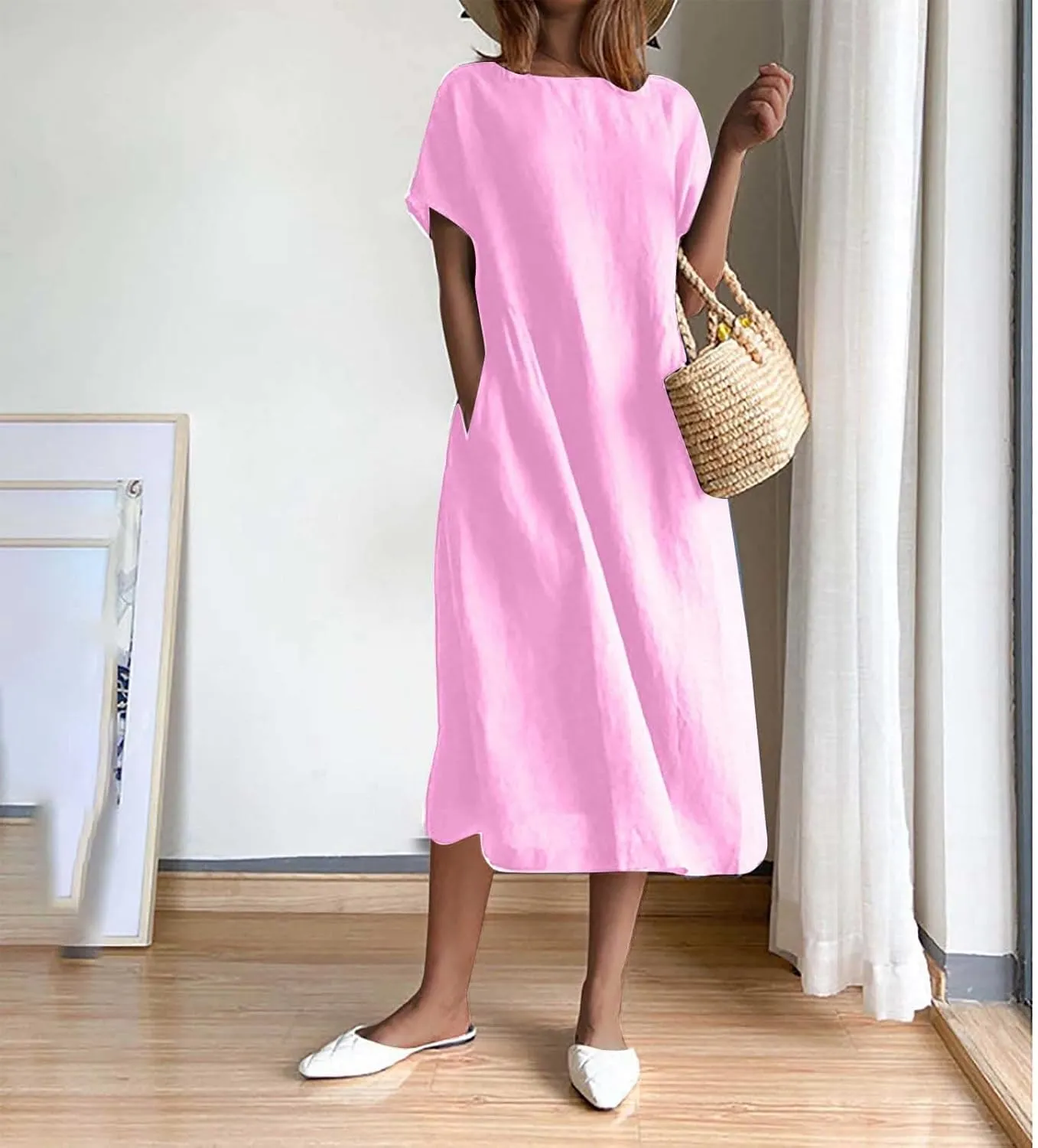 yardsong Women's Casual Dresses Summer Cotton Linen Midi Dress Short Sleeve Round Neck Loose Fit Vacation Beach Dresses