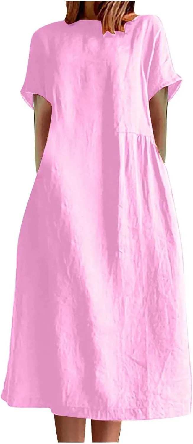 yardsong Women's Casual Dresses Summer Cotton Linen Midi Dress Short Sleeve Round Neck Loose Fit Vacation Beach Dresses