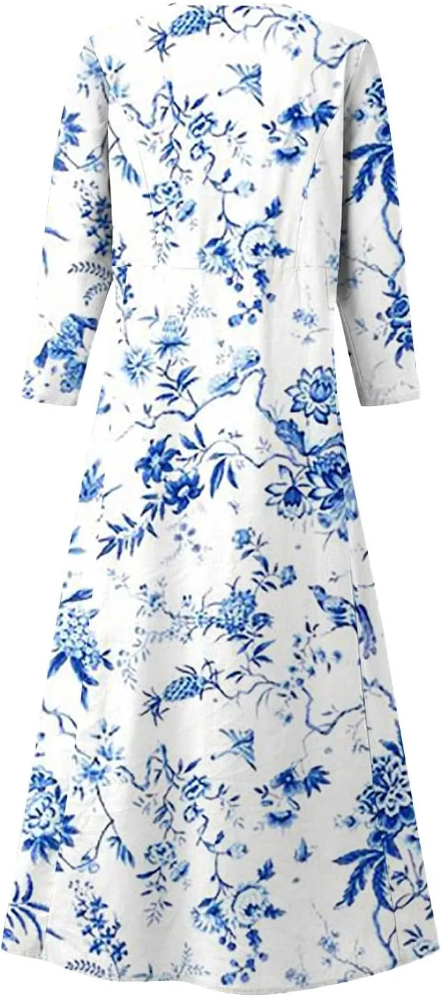 Yesunpxs 3/4 Sleeve Dresses for Women Summer Flowy Maxi Dresses Boho Long Dress Printed Casual Beach Sundresses with Pockets