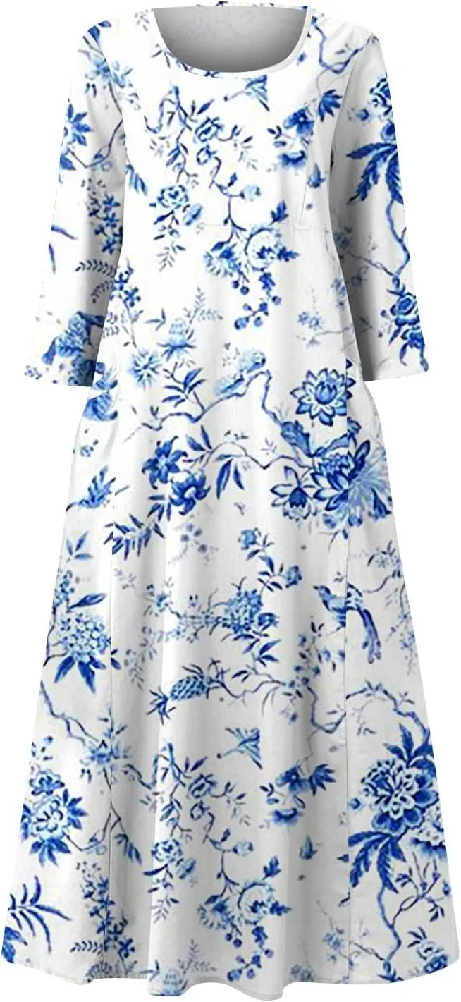 Yesunpxs 3/4 Sleeve Dresses for Women Summer Flowy Maxi Dresses Boho Long Dress Printed Casual Beach Sundresses with Pockets