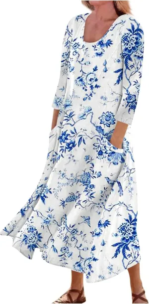 Yesunpxs 3/4 Sleeve Dresses for Women Summer Flowy Maxi Dresses Boho Long Dress Printed Casual Beach Sundresses with Pockets