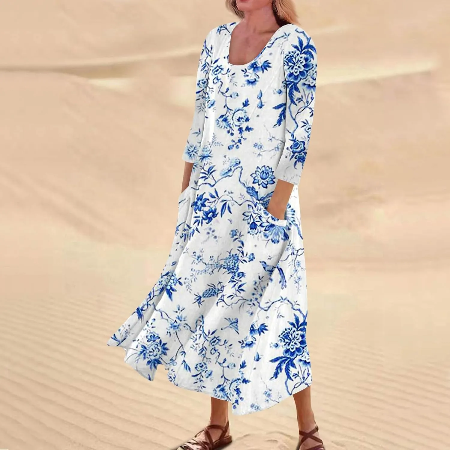 Yesunpxs 3/4 Sleeve Dresses for Women Summer Flowy Maxi Dresses Boho Long Dress Printed Casual Beach Sundresses with Pockets