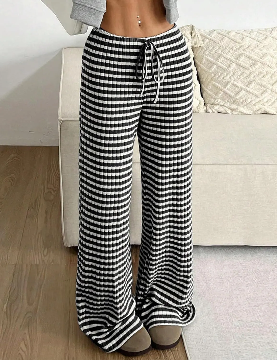 Yimoon Women's Striped Pants Wide Leg Pants Y2K Casual Drawstring Lounge Pants Elastic Waist Knit Baggy Sweatpants