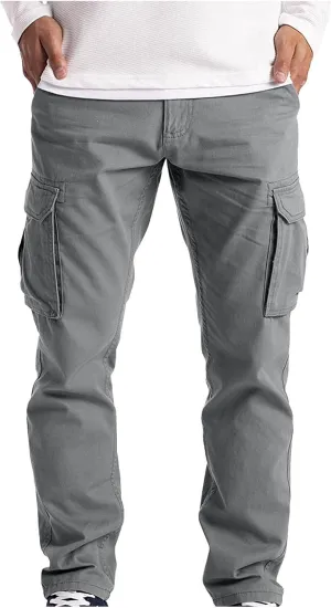 Ymosrh Mens Large Tall Pants Men's Slim Fashion Solid Color Casual Pants Multi Pocket Straight Cargo Pants Stretch