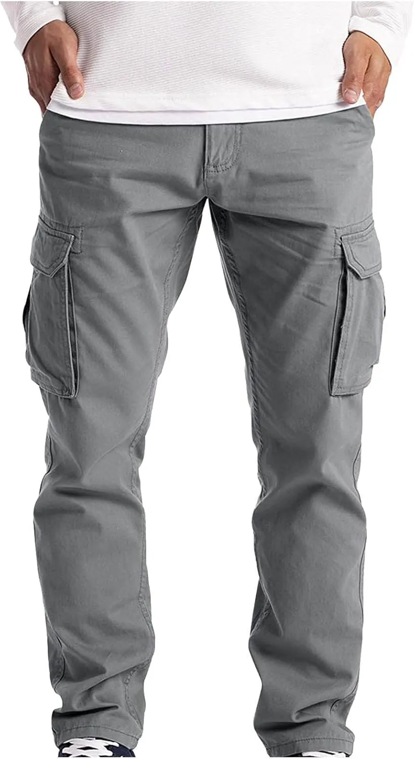 Ymosrh Mens Large Tall Pants Men's Slim Fashion Solid Color Casual Pants Multi Pocket Straight Cargo Pants Stretch