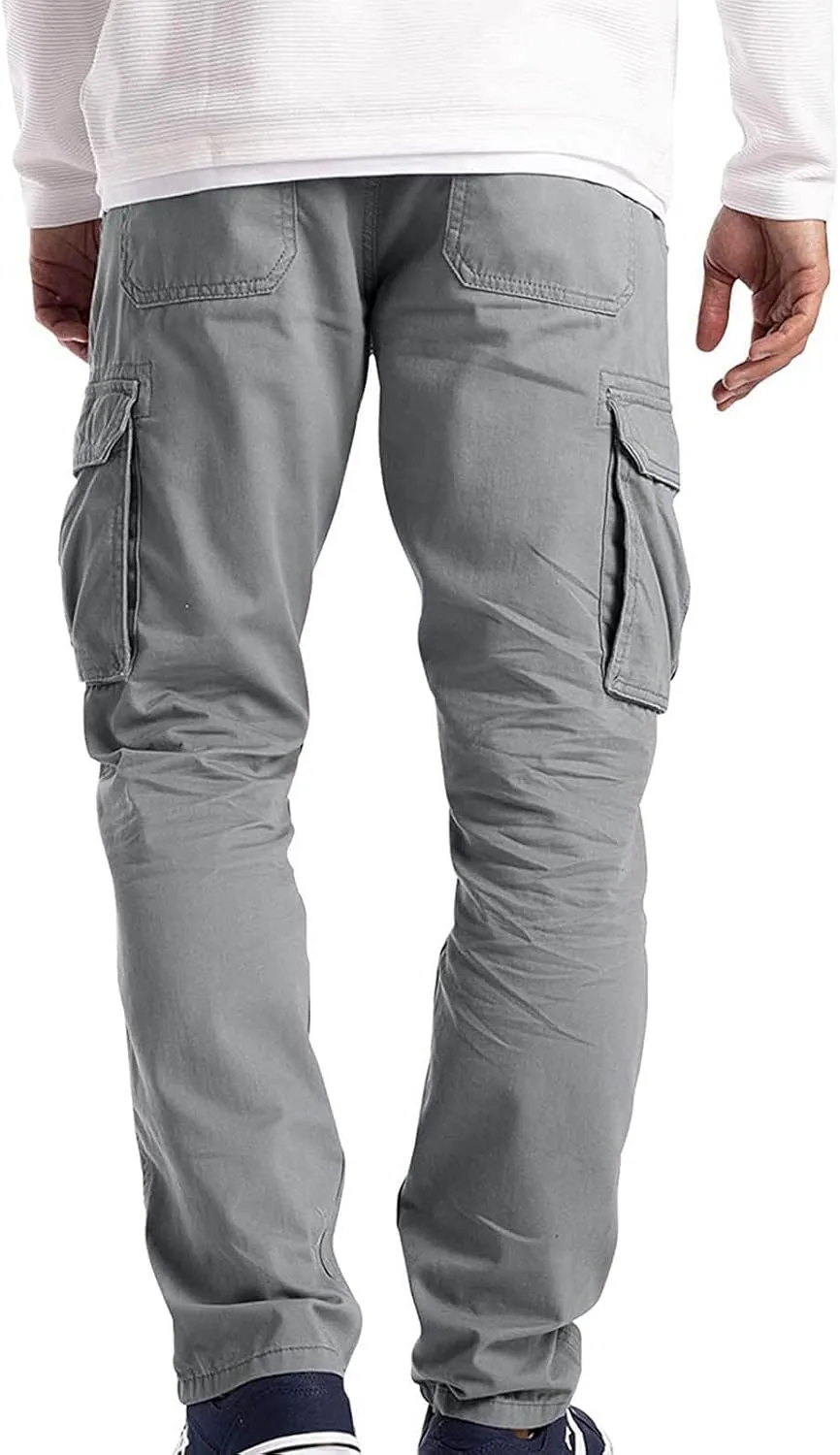 Ymosrh Mens Large Tall Pants Men's Slim Fashion Solid Color Casual Pants Multi Pocket Straight Cargo Pants Stretch