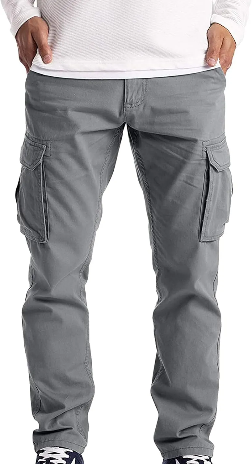 Ymosrh Mens Large Tall Pants Men's Slim Fashion Solid Color Casual Pants Multi Pocket Straight Cargo Pants Stretch