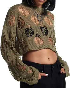 Ypser Women's Y2K Patchwork Crochet Shrug Sweater Open Front Long Sleeve Knitted Bolero Top