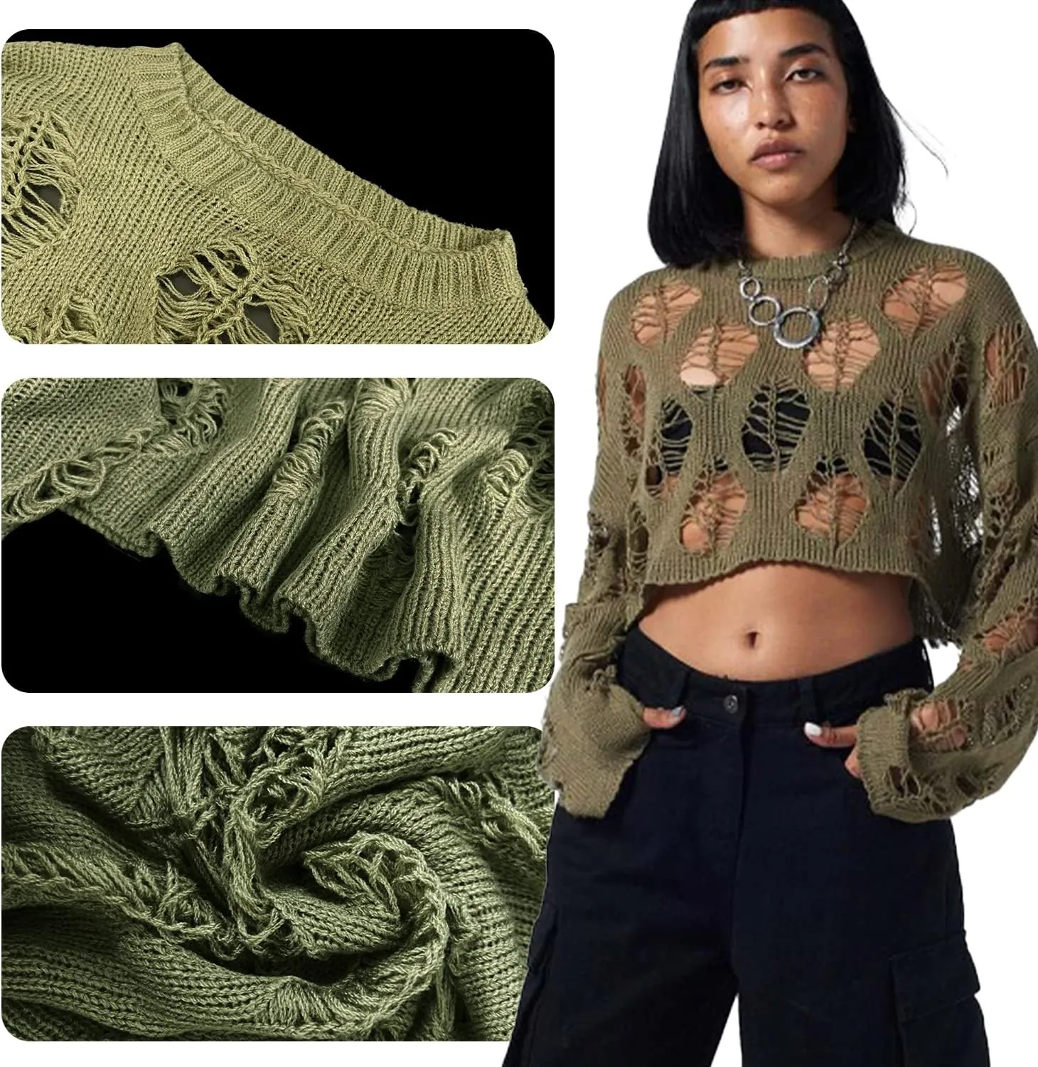 Ypser Women's Y2K Patchwork Crochet Shrug Sweater Open Front Long Sleeve Knitted Bolero Top