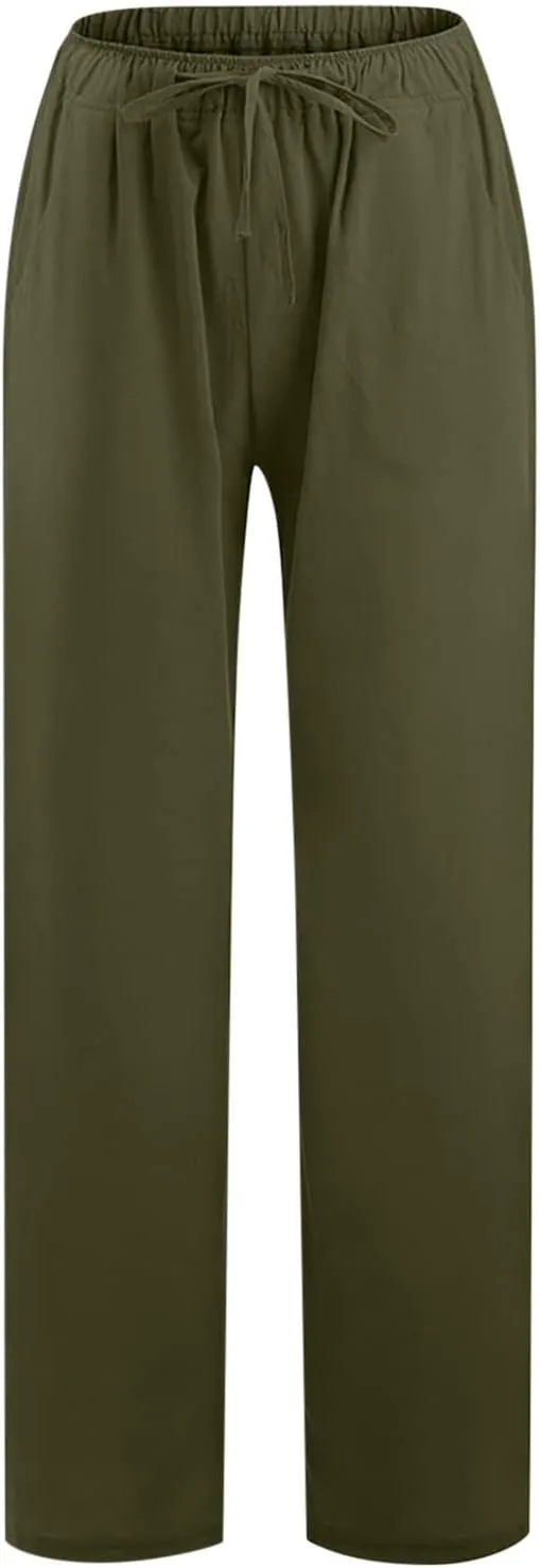 YRAETENM Casual Linen Pants for Women Wide Leg Baggy Flowy Beach Trousers Summer Elastic High Waisted Palazzo Pants
