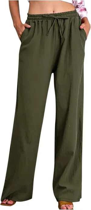 YRAETENM Casual Linen Pants for Women Wide Leg Baggy Flowy Beach Trousers Summer Elastic High Waisted Palazzo Pants