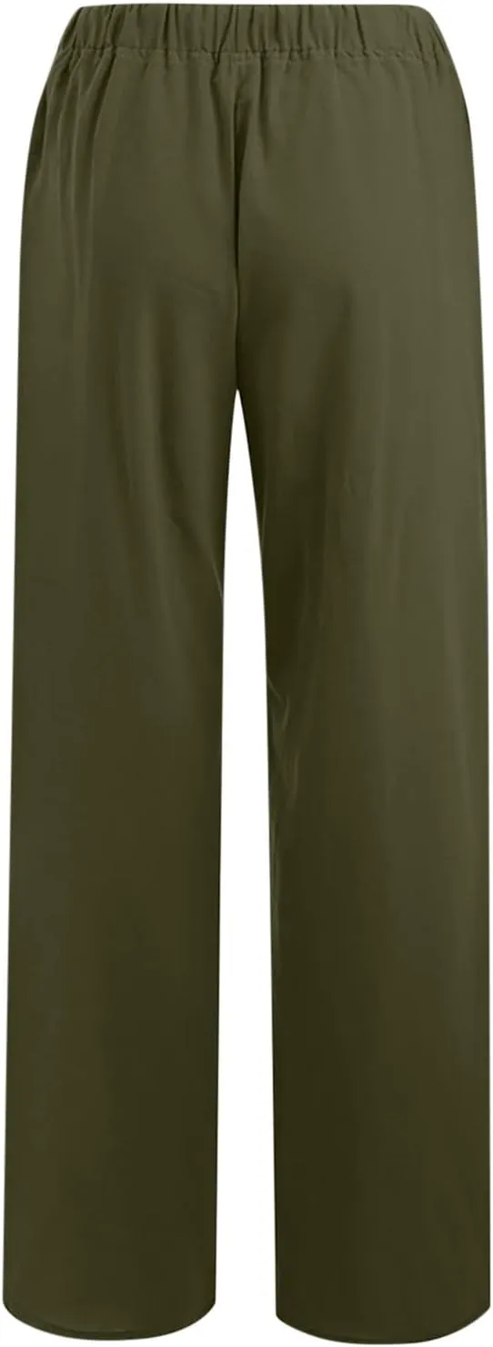 YRAETENM Casual Linen Pants for Women Wide Leg Baggy Flowy Beach Trousers Summer Elastic High Waisted Palazzo Pants
