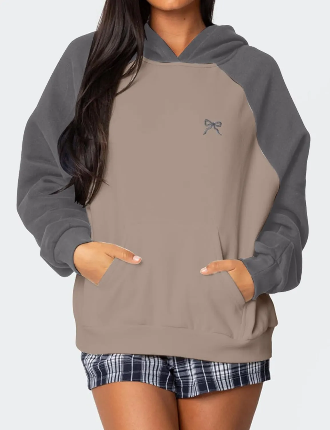 Ythomm Womens Bow Graphic Hoodie Color Block Oversized Pullover Sweatshirts Fall Winter Loose Fitted Long Sleeve Hooded Tops