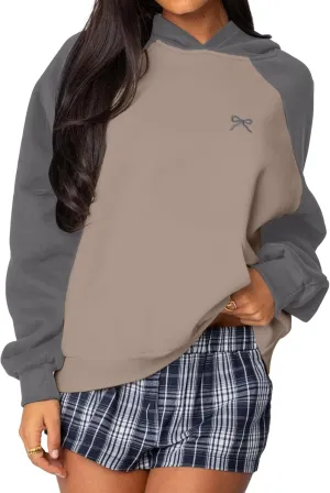 Ythomm Womens Bow Graphic Hoodie Color Block Oversized Pullover Sweatshirts Fall Winter Loose Fitted Long Sleeve Hooded Tops