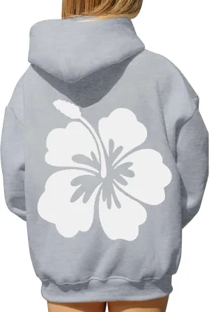 Ythomm Womens Oversized Hibiscus Print Fleece Hoodie Flower Graphic Pullover Hooded Sweatshirts Long Sleeve Tops With Pocket