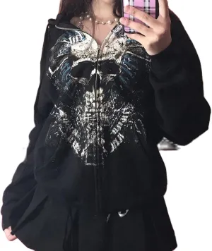Yuemengxuan Womens Y2K Zipper Hoodie Long Sleeve Sweatshirt Harajuku Punk Grunge Tops Oversized Vintage Streetwear
