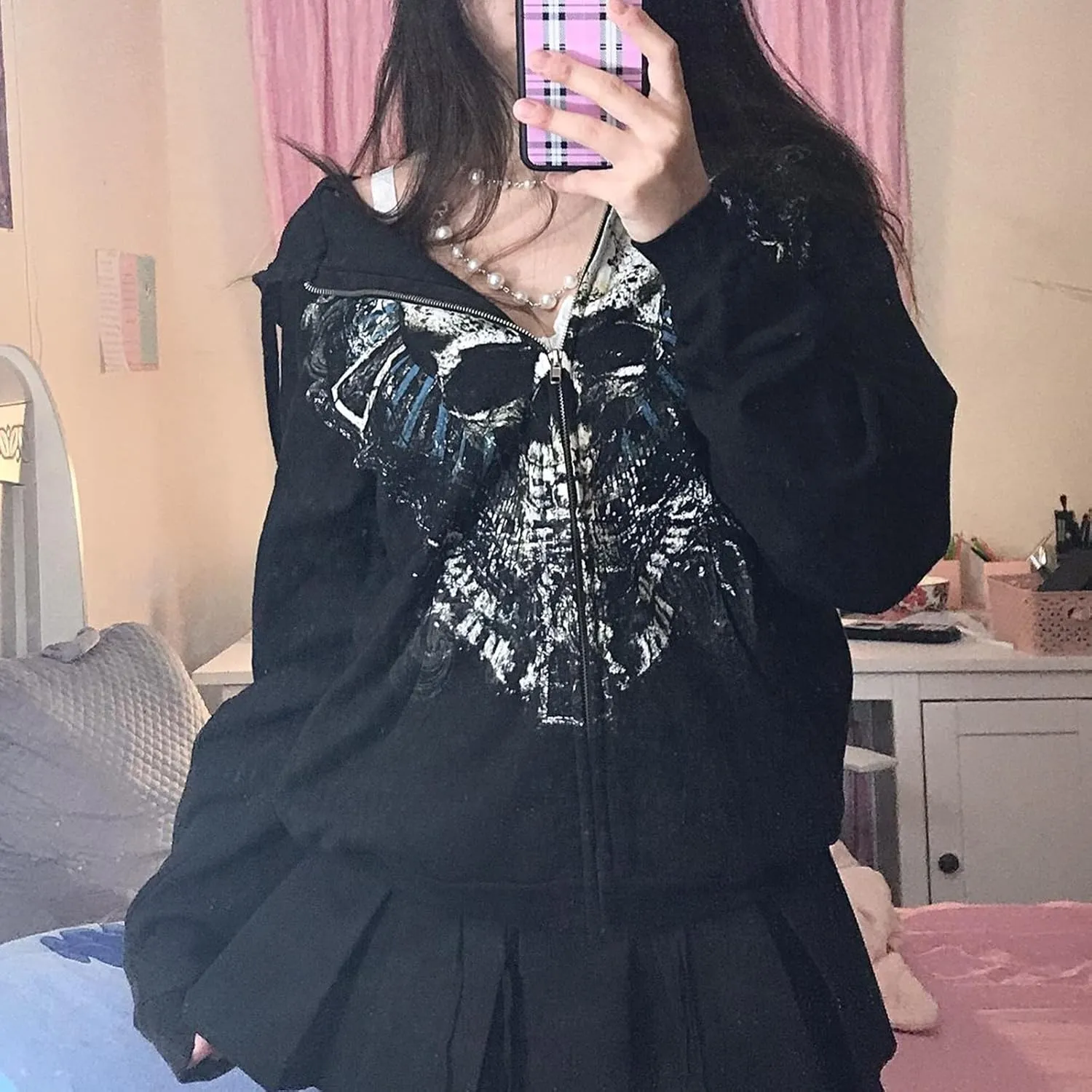 Yuemengxuan Womens Y2K Zipper Hoodie Long Sleeve Sweatshirt Harajuku Punk Grunge Tops Oversized Vintage Streetwear