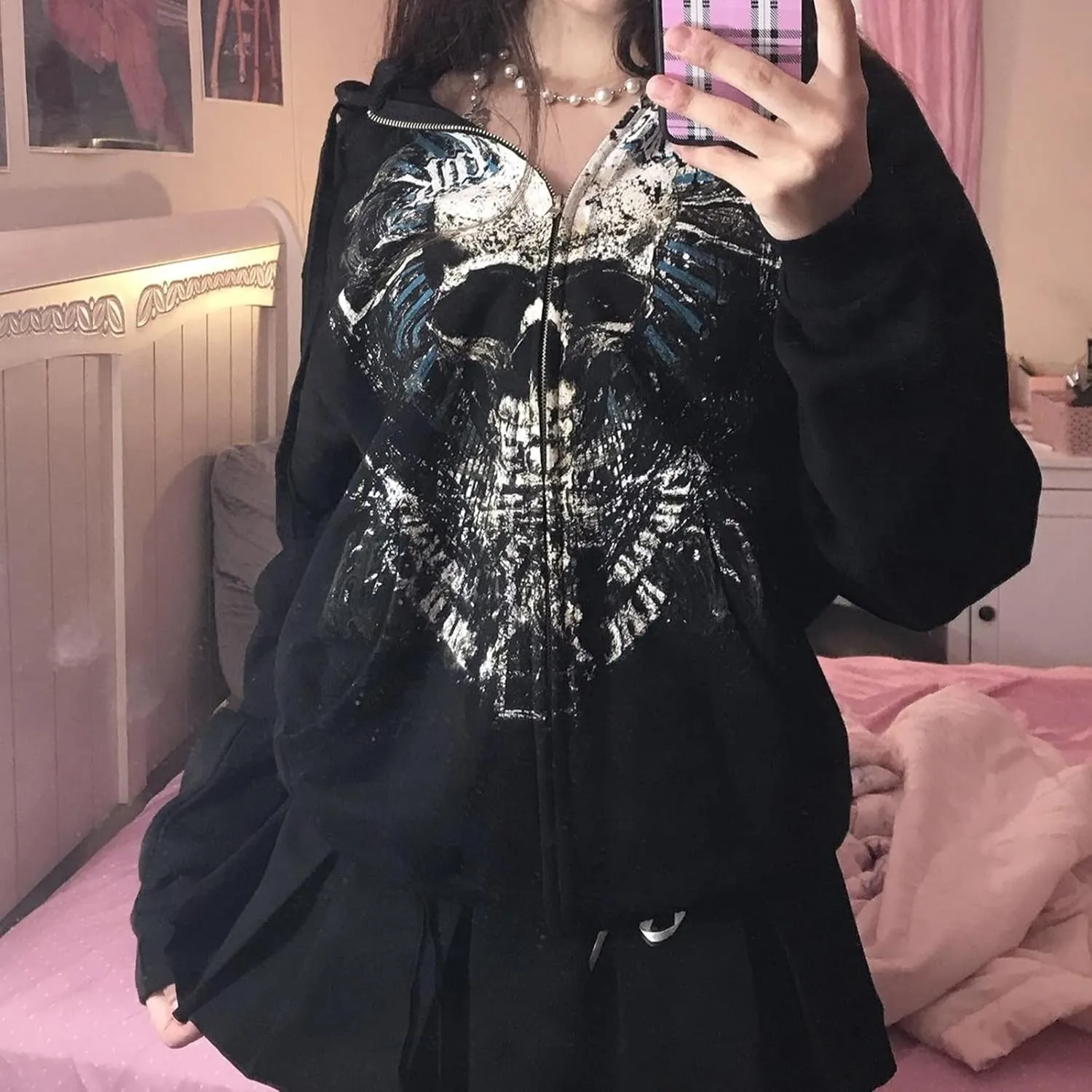 Yuemengxuan Womens Y2K Zipper Hoodie Long Sleeve Sweatshirt Harajuku Punk Grunge Tops Oversized Vintage Streetwear