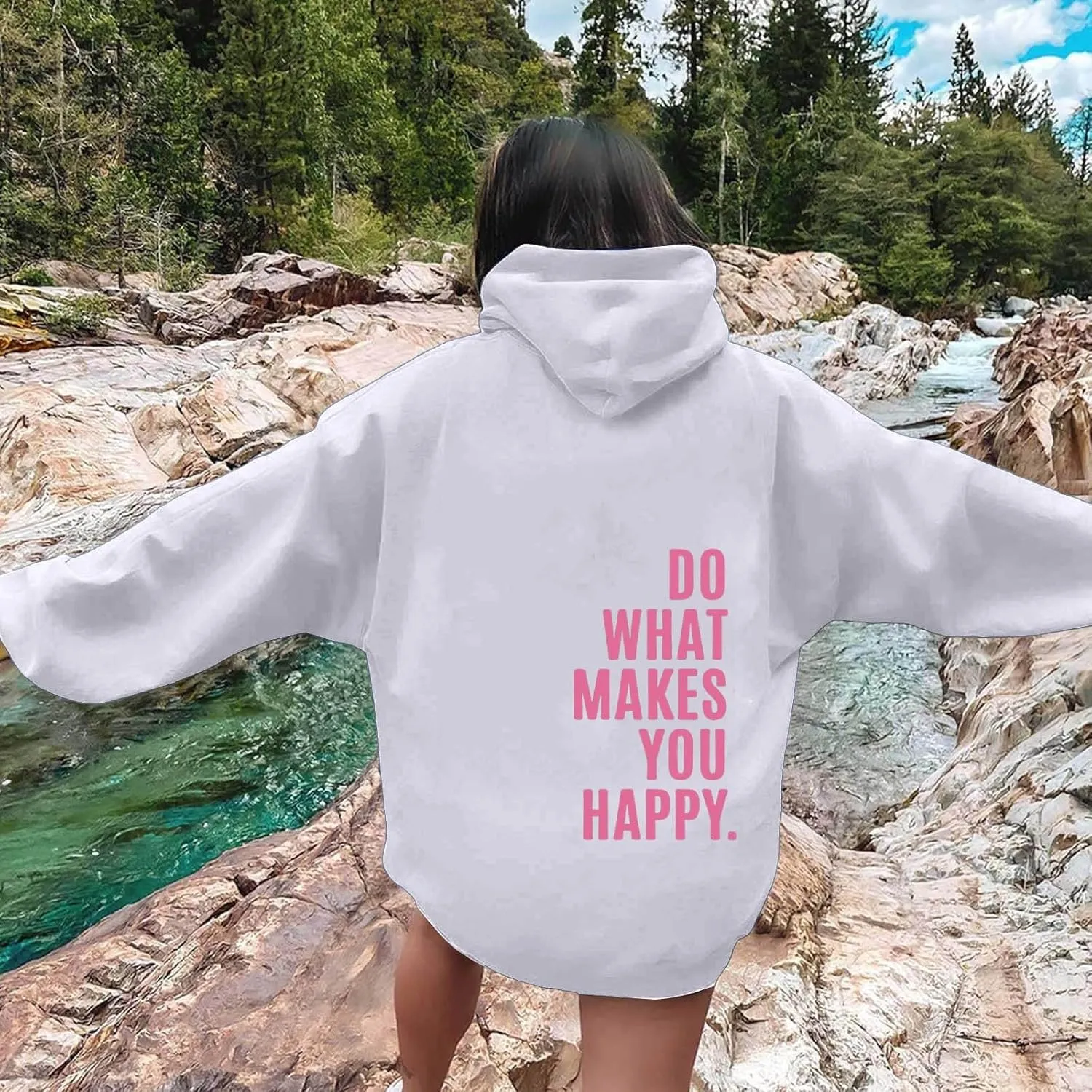 YUHGODO Women Oversized Hoodie Long Sleeve Letter Print Casual Drawstring Cute Preppy Pullover Sweatshirts for Teen Girls