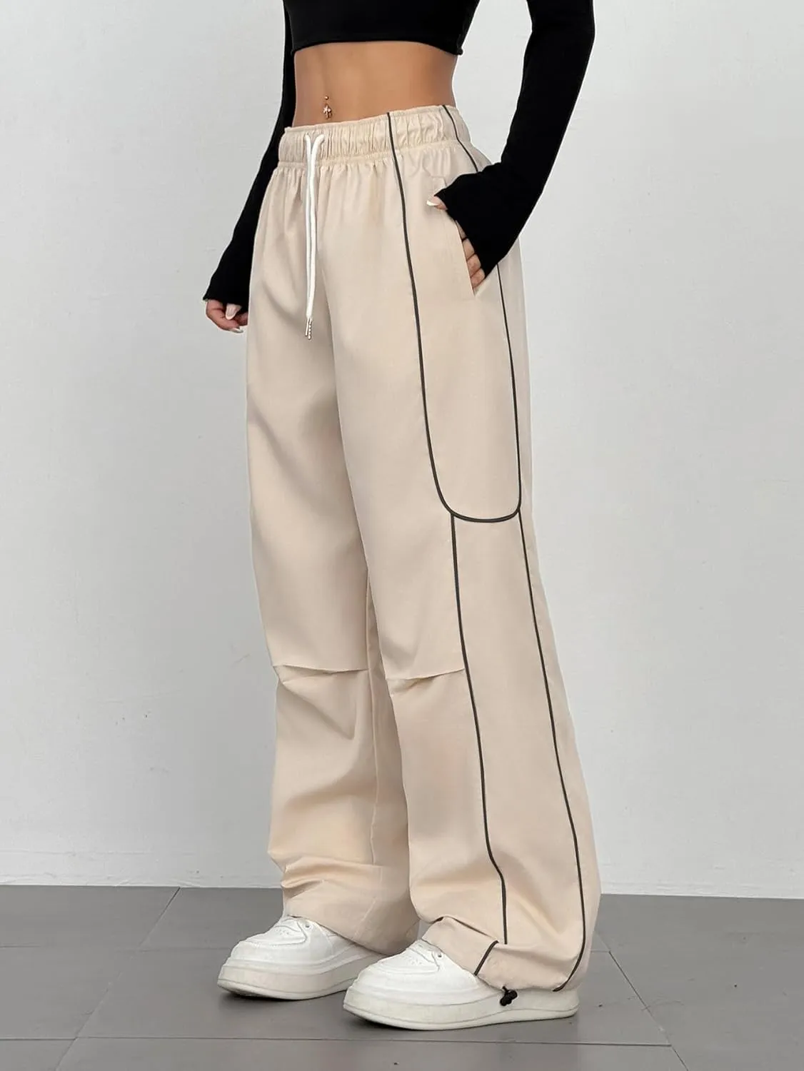 ZAFUL Parachute Pants for Women Sweatpants Y2K Contrast Pipping Cargo Trousers Jogger Pants with Pockets