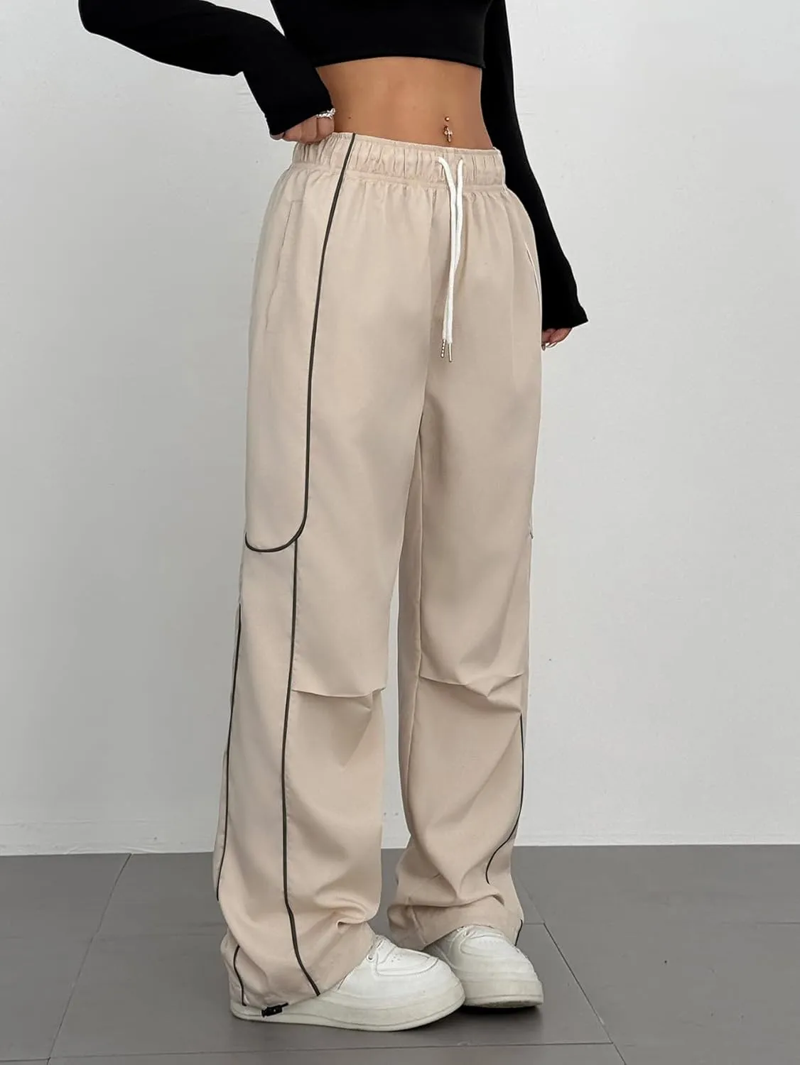 ZAFUL Parachute Pants for Women Sweatpants Y2K Contrast Pipping Cargo Trousers Jogger Pants with Pockets