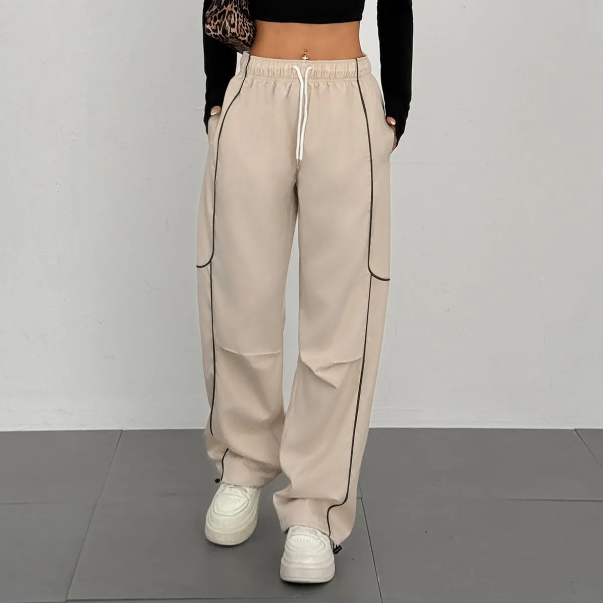 ZAFUL Parachute Pants for Women Sweatpants Y2K Contrast Pipping Cargo Trousers Jogger Pants with Pockets