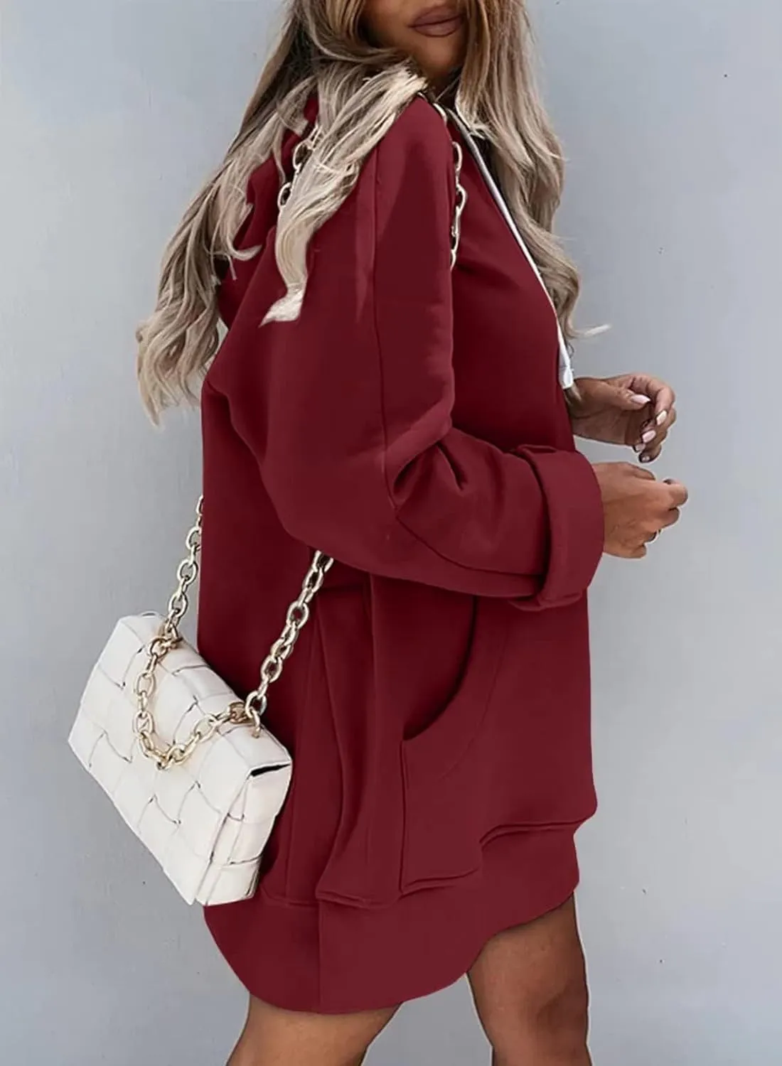 ZOCANIA Women Hoodie Dress Long Sleeve Split Slit Long Sweatshirt Drawstring Fleece Hooded Pullover with Kangaroo Pocket