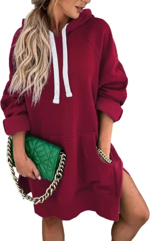 ZOCANIA Women Hoodie Dress Long Sleeve Split Slit Long Sweatshirt Drawstring Fleece Hooded Pullover with Kangaroo Pocket