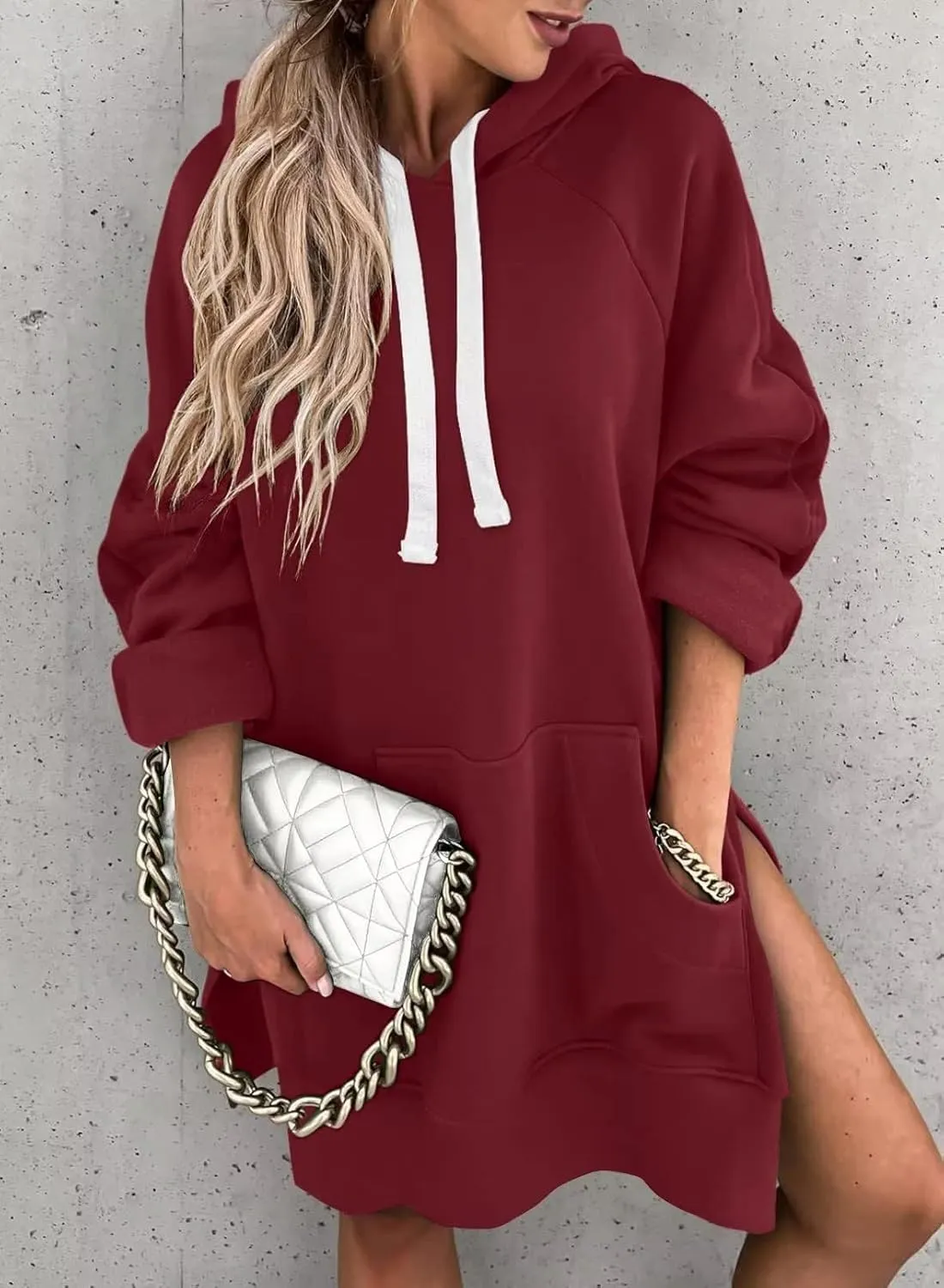 ZOCANIA Women Hoodie Dress Long Sleeve Split Slit Long Sweatshirt Drawstring Fleece Hooded Pullover with Kangaroo Pocket