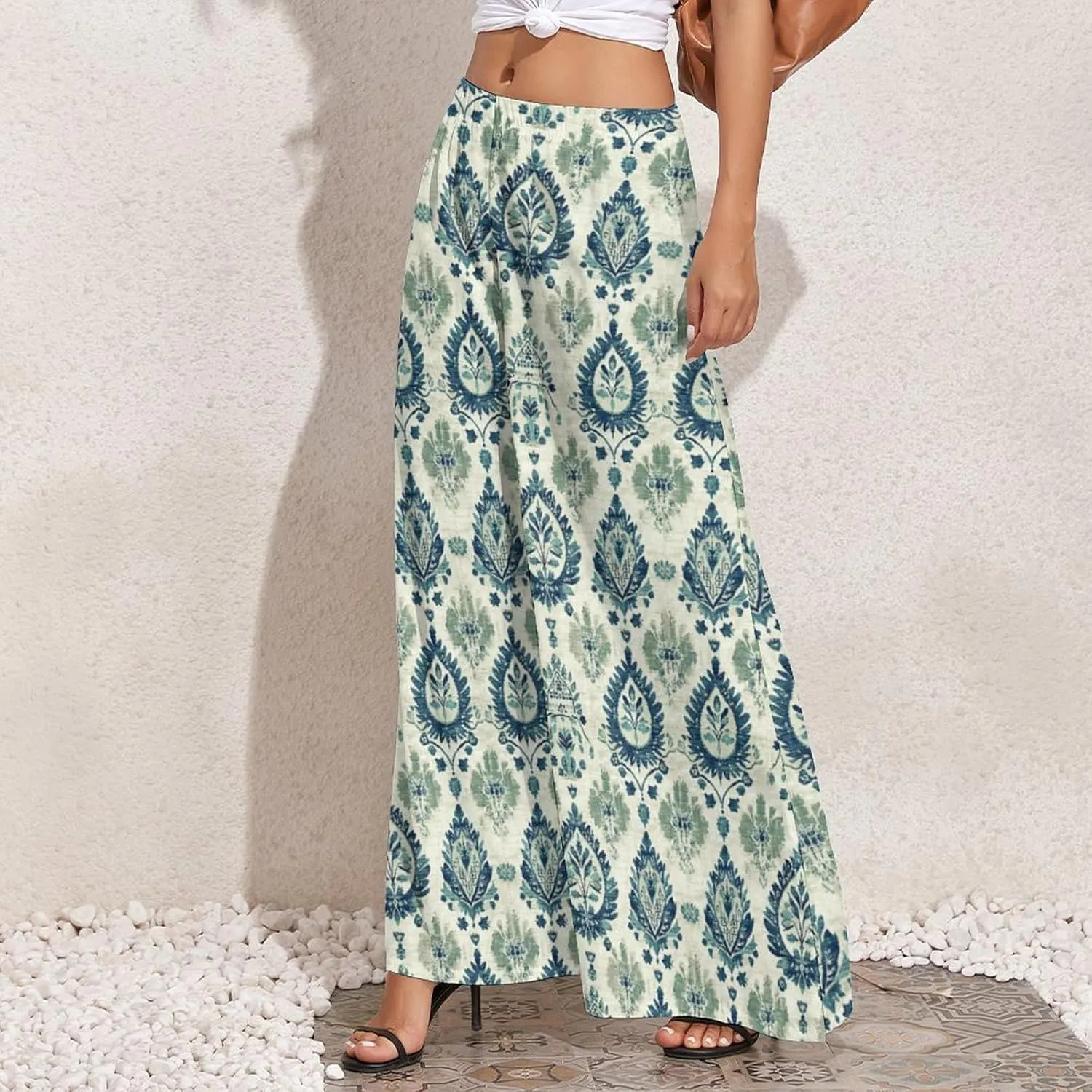 ZOCAVIA Women's Boho Wide Leg Pants 2025 Summer High Waist Floral Palazzo Pants Flowy Lounge Pants Beach Trousers Pockets